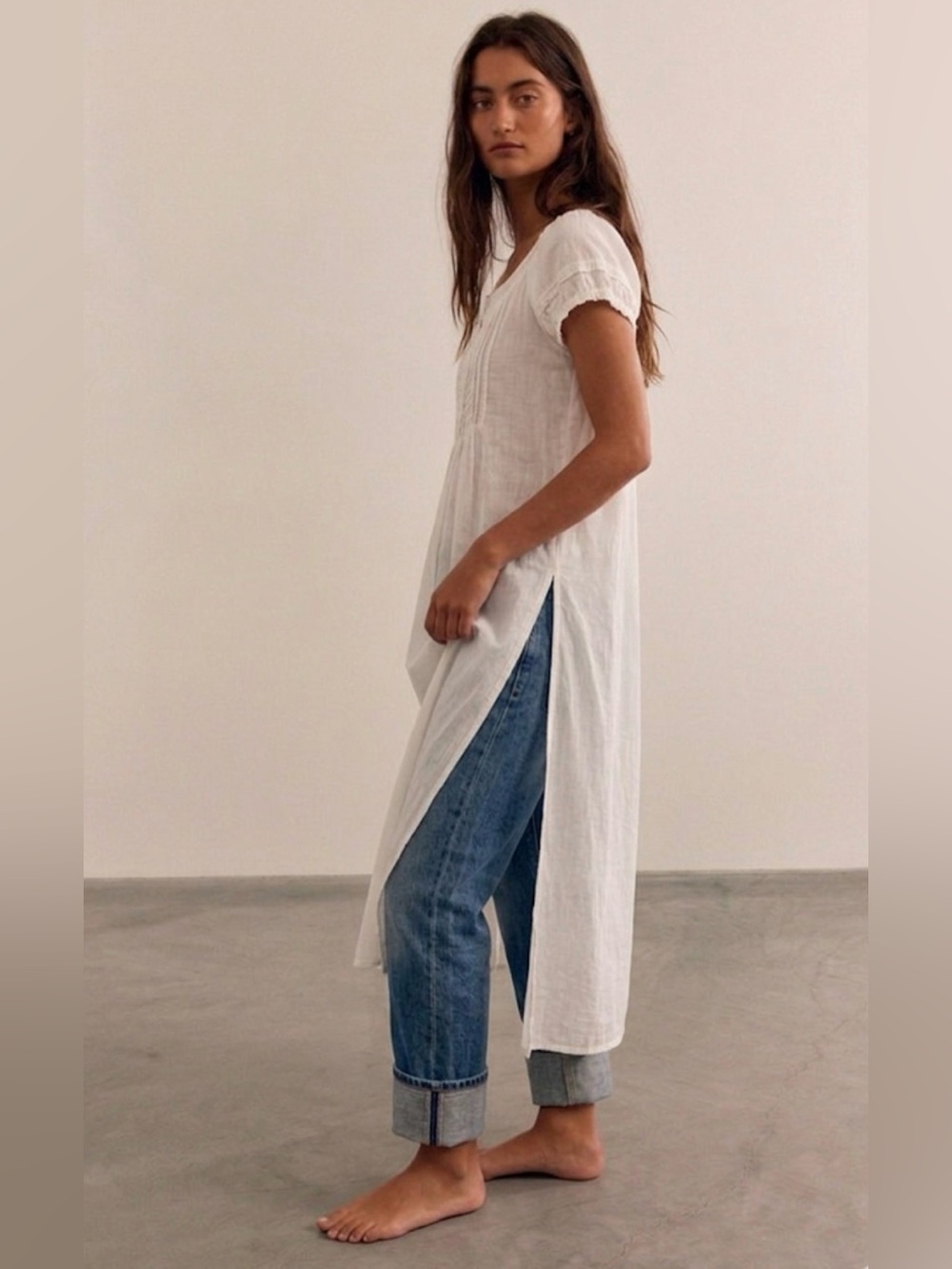 Free People We The Free Fayre Midi Top White Pintuck Tunic XS NWT